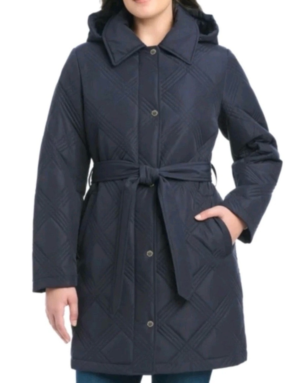 BRAND NEW NWT Jones New York Navy Quilted Coat /Belt & Removable Hood Size L